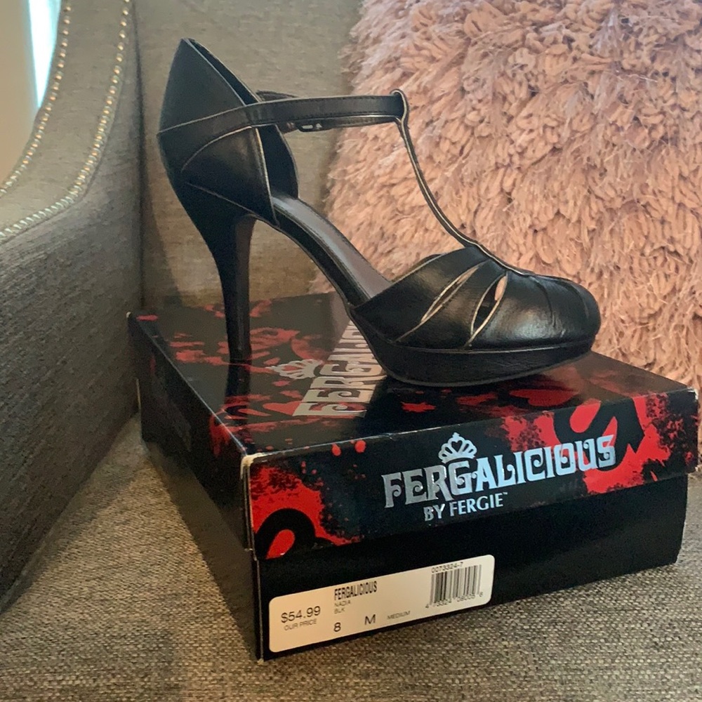 Fergaliciois black heels size 8 ankle strap , worn once